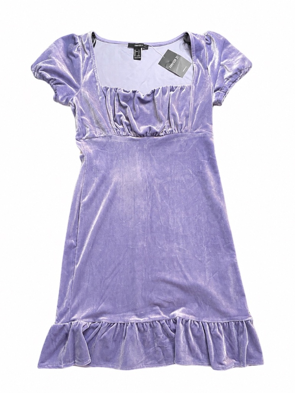 NWT Forever 21 Lavender Velvet Puff Sleeve Ruffle Hem Dress L
